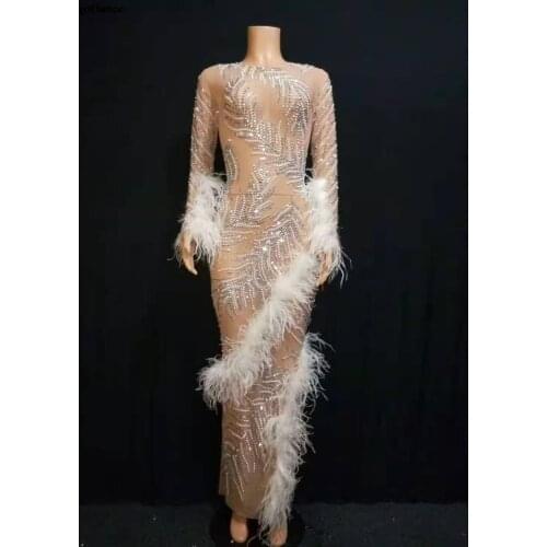 New Rhinestones pearls Mesh Dress Birthday Celebrate Dress Feather See Through Outfit Singer Prom Party Long Dresses