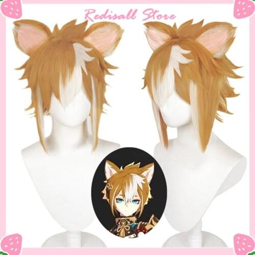 Genshin Impact Gorou Wig Cosplay Ears Render Short Brown Mixed White Synthetic Hair Heat Resistant Adult Free Wig Cap