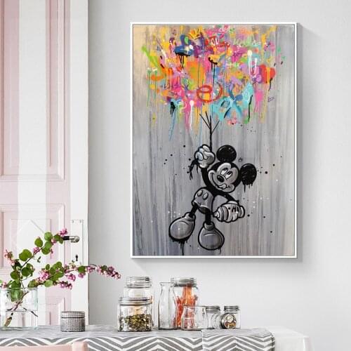 Disney Anime Poster Street Graffiti Art Painting Pop Art Canvas Print Wall Art Mickey Mouse with Colors Balloon Picture Kid Room