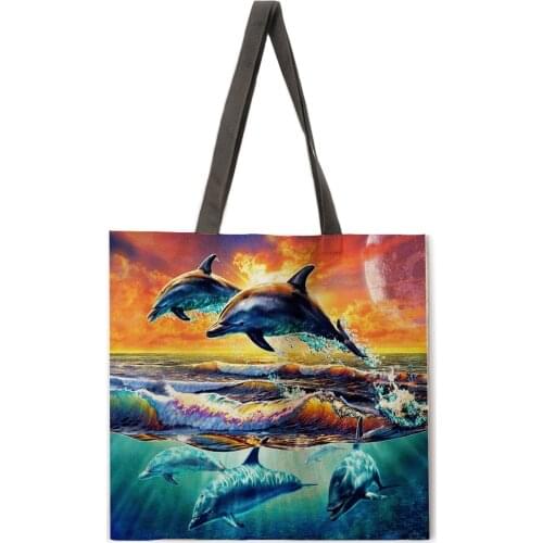 Ocean Dolphin Print Casual Tote Bag Linen Tote Bag Womens Foldable Shopping Bag Ladies Shoulder Bag Outdoor Beach Bag