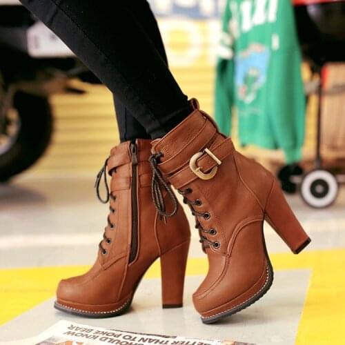 PXELENA Vintage Women Motorcycle Ankle Boots Square High Heels Lace Up Knight Riding Boots Ladies Shoes 2018 Winter 34-43