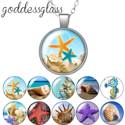 Starfish conch Seahorse Love Summer Round Glass glass cabochon silver plated/Crystal pendant necklace jewelry for Gift