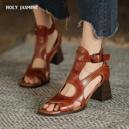Fashion Genuine Leather Women Sandals 2021 Summer New Shoes Open Toe Rome Style High Heels Fashion Buckle Gladiator Shoes Woman