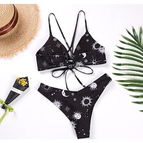 Sexy Bandage Brazilian Bikini Set Women Retro Sun Moon Print Push Up Split Swimwear Two Piece Summer Beach Swimsuit