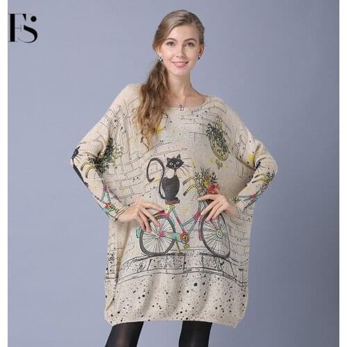 Women Slash Neck Cartoon Print Loose Sweater Solid Color Cat Print Casual Batwing Sleeve Pullovers Bicycle Print Knitwear