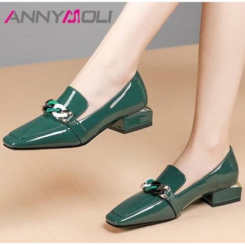 ANNYMOLI Mid Heel Shoes Women Genuine Leather Square Toe Pumps Chain Fashion Chunky Heels Shoes Slip On Dress Footwear Red 41 42