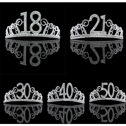 Birthday Party Decorations Adult Birthday Princess Crown Headband Crystal Tiara 18 21 30 40 50 60 Women Crown Hair Accessories