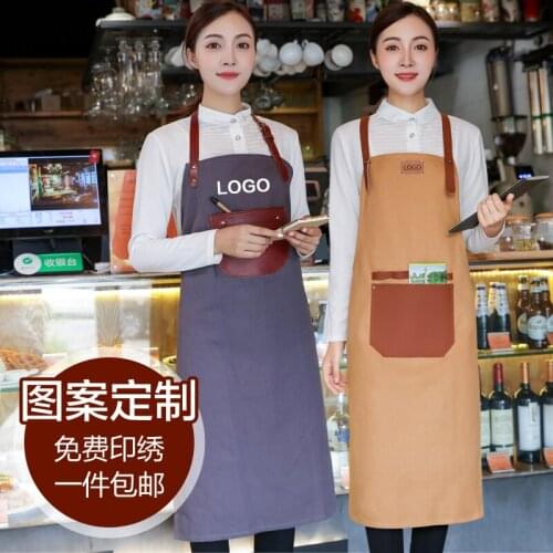 Thickened mid-length Korean leather canvas apron custom logo printing restaurant bar baking overalls