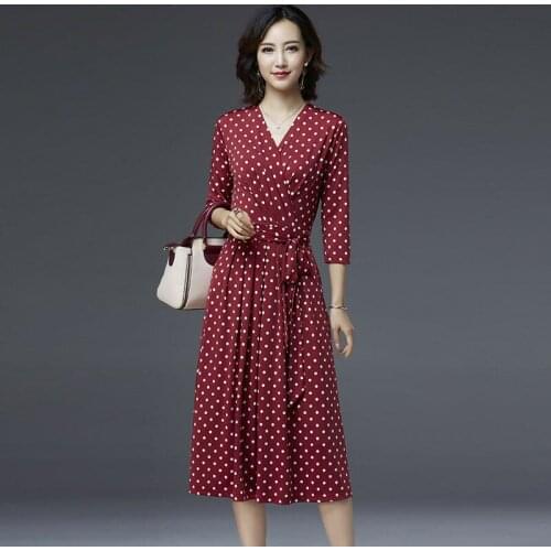 Vintage Women Dresses Spring Autumn Style V-Neck Polka Dot Printed Chiffon Slim Pleated Dresses Vestidos WY0003