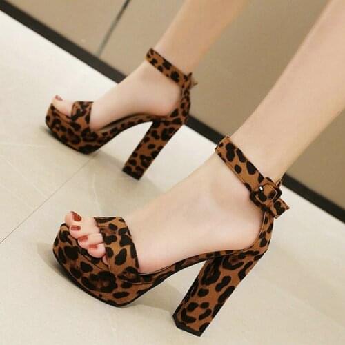 Platform Thick Heel Women Summer Shoes Fashion Leopard Faux Suede Women Sandals Buckle Ankle Strap Women Shoes Party Ladies Shoe