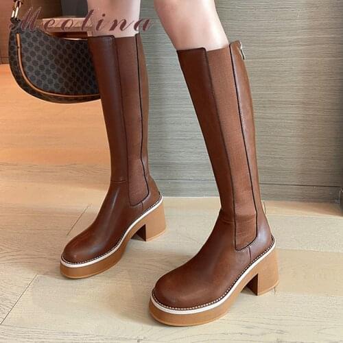 Meotina Riding Boots Women Platform Thick Heel Square Toe Shoes Super High Heel Zipper Lady Knee High Boots Autumn Winter Brown