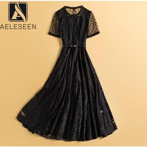 AELESEEN High Quality Runway Fashion Black Mesh Flower Embroidery Dots Long Sashes Elegant Lace Dress For Women