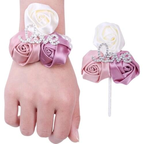 2021 New Mixed Color Groom Suit Lapel Pin Bride Wrist Corsage Suit Ribbon Rose Rhinestone Handmade Wedding Party Supplies T33-H