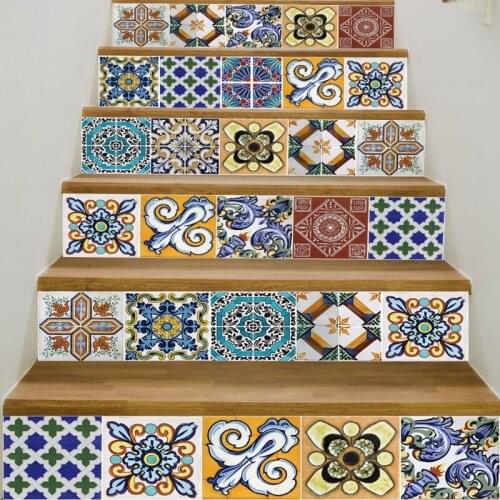 6Pcs Tile Floor Stair Stickers Bathroom Kitchen Decoration Waterproof Decals Art