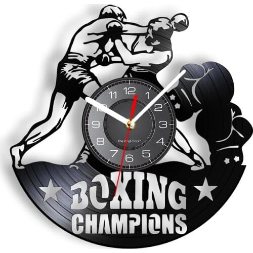 Boxing Champions Vintage Album Record Wall Clock Motivational Fighting Sports Home Decor Silent Clock Timepieces Fight Fans Gift