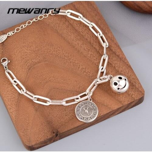 MEWANRY 925 Sterling Silver Thick Chain Bracelets INS Fashion Punk Vintage Couples Smiley Face Bell Party Jewelry Gift for Women