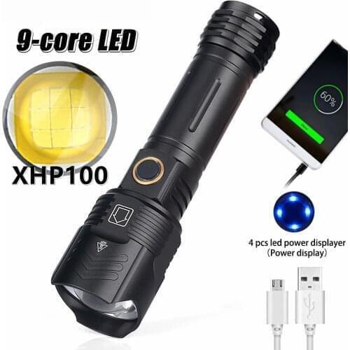 D2 XHP100 9 Core Led Flashlight USB Rechargeable Powerbank 18650 26650 Battery Torch Zoomable Aluminum Alloy Fishing Lantern