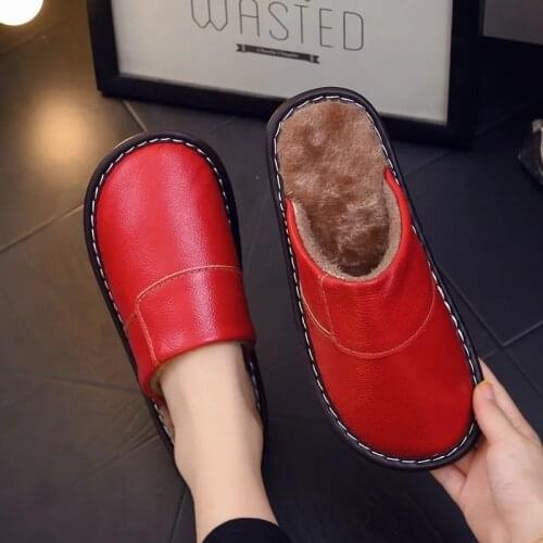 Classic leather winter slippers unisex big size 45 46 floor furry slides women indoor velvet warm shoes