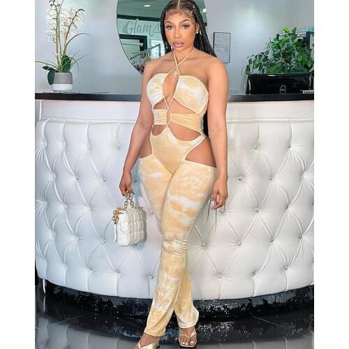 Streetwear Tie Dye Print Cross Strap Halter Lace Up Jumpsuit Women Summer Sexy Hollow Out Party Club Outfit Body Overalls Romper