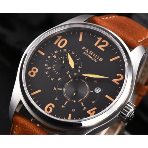 Parnis 44mm Automatic Mechanical Watch Men Luminous Brown Leather Strap Calendar Mens Watches 2019 gift for man moda masculina