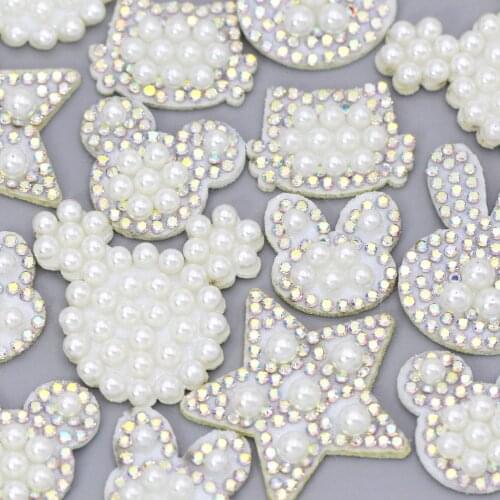 10Pcs Pearl Patches Rhinestone Patches Star/Mouse/Rabbit/Cat Shape Sew On Patches Applique For Clothes DIY Hair Clips Bags Shoes