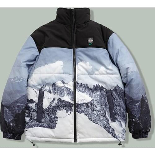 NEW Harajuku Snow Mountain Print Drawstring Parka Men Hip Hop Streetwear Loose Parkas 2021 Winter Thicken Keep Warm Coats Jacket