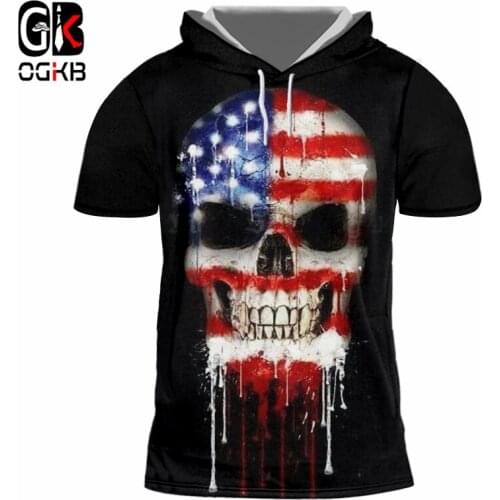 OGKB Casual Hoodies T-shirt Mens Cool Print American Flag 3D Hooded T Shirt Skull Short Sleeve Hoody Fashion Hip Hophop Unisex