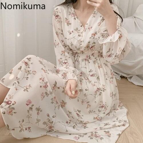 Nomikuma V Neck Long Sleeve Dress Women Slim Waist Floral Printed Mid Calf Dresses Female Elegant Korean Style Vestidos Mujer