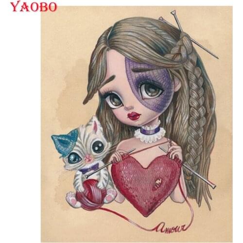 Full Square/Round 5D DIY Diamond Painting Cartoon mask little girl and cat diamant Embroidery rhinestone Cross Stitch Mosaic kit