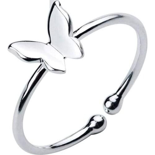 S925 Ring Sterling Silver Butterfly Ring Simple Womens Adjustable Opening Tail Ring Forest Sweet and Glossy Simple