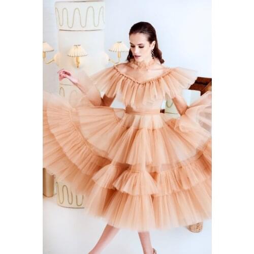 Chic Peach Tulle Party Dresses Women Sheer Long Photoshoot Fluffy Tiered Prom Dress Ankle Length Formal Event Gowns 2021