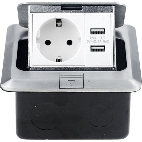 16A Europe Standard Power Socket Universal +2 USB Sockets Slow Pop-Up Floor Socket Power Outlet Aluminum Alloy Box 120*120 mm