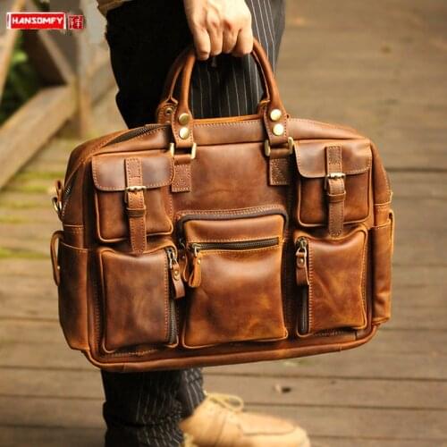 Vintage Leather Mens Handbags Large Capacity Men Shoulder Bag Travel Bag Travel Luggage Casual Male Bags Crazy Horse Leather