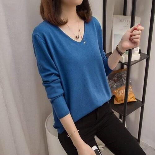 Women Autumn Spring Style Pullover Sweater Lady Casual Long Sleeve V-Neck Solid color Pullover Tops ZZ1149