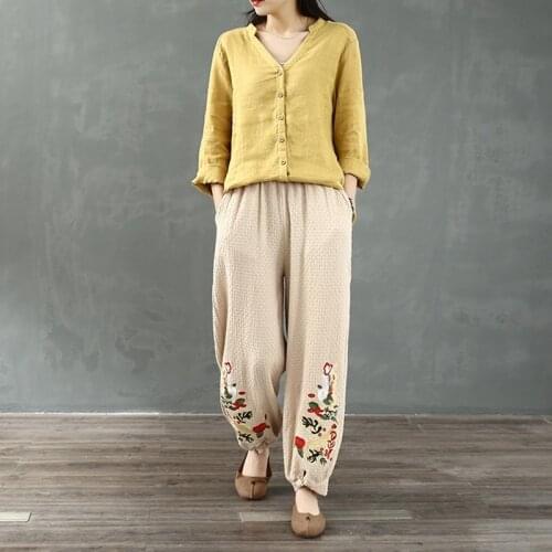 Cotton Ethnic Pantalon Femme 2020 Women Autumn Spring Hippie Ankle-Length Flowers Embroidery Chinese Trousers Harem Pants 11808