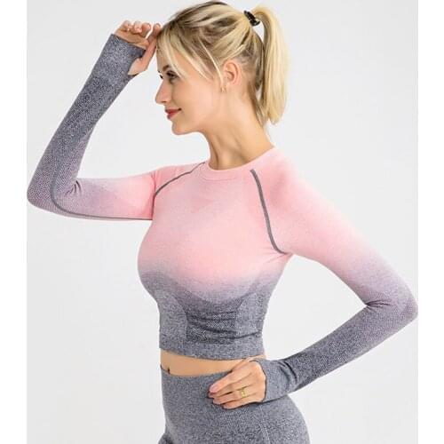 SALSPOR Workout Women Ombre Cropped Yoga Tops Hole Fitted Gym Long Sleeve Sports Shirts Fitness Running Female Sportwear