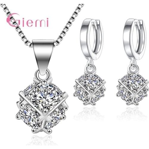 Simple Fashion 925 Sterling Silver Square Pendant Necklace Earrings Jewelry Kits for Women Girl Cubic Zircon Jewelry Gift