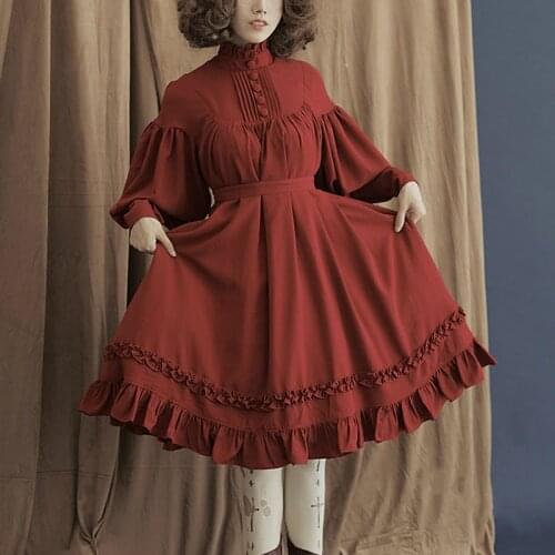 5 Colors Gothic Lolita Dress Womens Vintage Renaissance Long Sleeve Loose Stand Collar Lantern Sleeve Cute Party Dress Vestidos