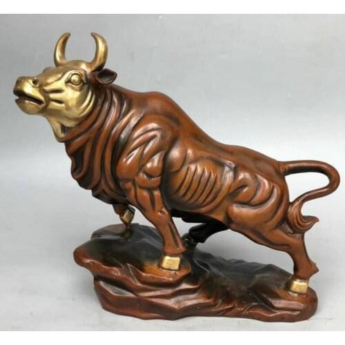 10" Chinese Bronze Gilt Fengshui Zodiac Year Cattle Bull Oxen Animal Statue