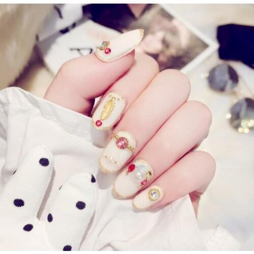 Moon series 3d fake nails Vintage cream white pure color with golden feather and colorful diamond false nails Bride