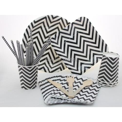 Free Shipping 1400pcs Black Chevron BirthDay Wedding Christmas Party Tableware Paper Plate Cup Straw Napkin Wooden cutlery