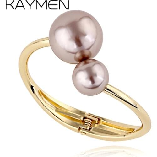 KAYMEN Double Imitation Pearls Golden Cuff Bangle Fashion Bracelet for Women Nice Beautiful Girls Bangle Jewelry