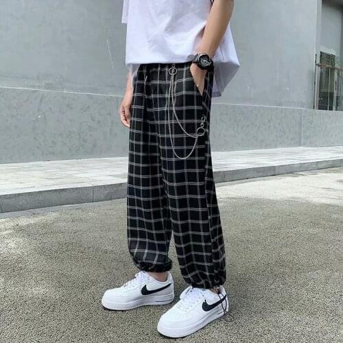 Plaid With Chain Men Pants Harem Pants Streetwear Men Nice Summer Hip Hop Casual Trousers Fashion Male Pants