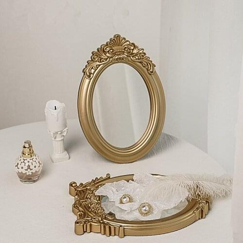 Cutelife Ins Nordic Gold Resin Small Round Table Mirror Tray Vintage Standing Home Decorative Mirror Bedroom Table Makeup Mirror
