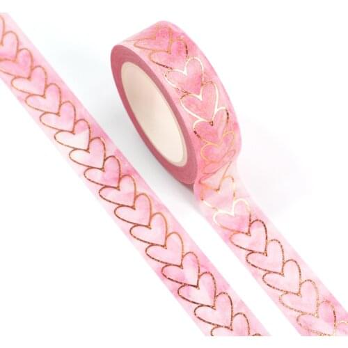 1PC 15MM*10M Foil Yellow Heart Pink Washi Tape Decorative Scrapbooking Masking Tape School Office Supply Washi Tape Adhesive