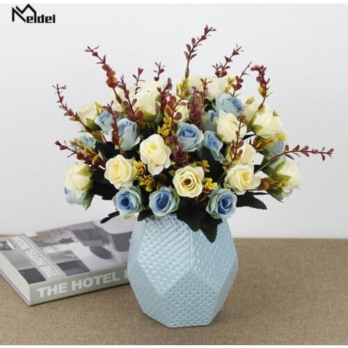 Meldel Artificial Flowers Silk Rose 5 Forks 10 Heads Fake Rose Flower Bouquet Wedding Party Home Table Decor Blue Floral Bunch