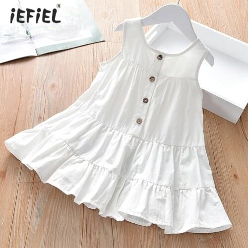 Girls Summer Cotton Dress Fashion New Solid Color Sleeveless Casual Dress Buttons Kids Baby Girl Clothes Children Princess Dress
