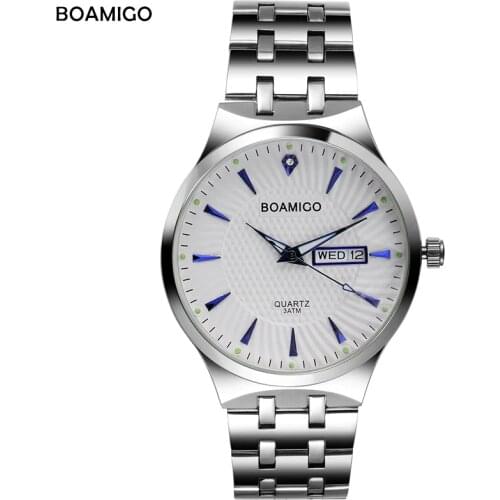 Men quartz watch silver steel wristwatch casual dress business calender watches male BOAMIGO brand waterproof Relogio Masculino