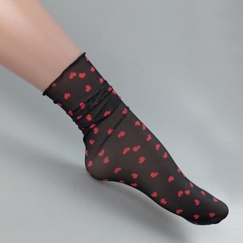 BKLD Women Summer Transparent Cute Black Socks New 2020 Fashion New Style Mesh Heart Printed Vintage Sheer Lovely Ladies Socks