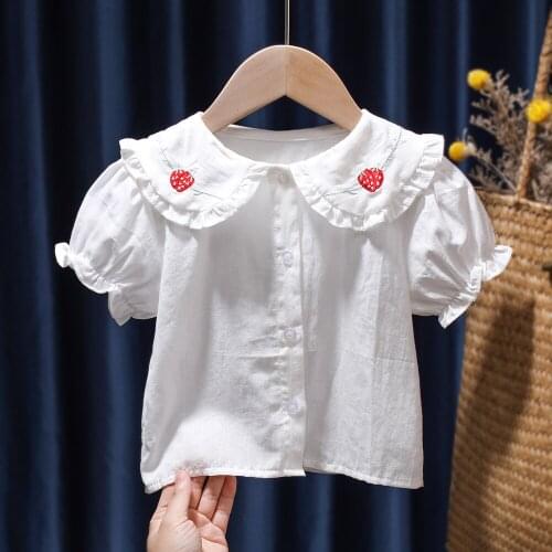 New Princess Girl Shirts Summer Strawberry Design Turn-down Collar Baby Girls Blouse Tops Kids Children Cotton Clothes 1-6Y